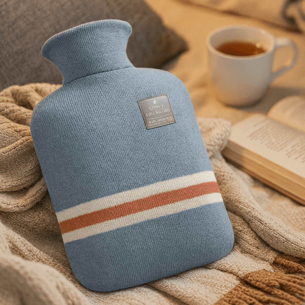 Blue hot water bottle with striped design on a cozy blanket with a cup of tea and book.