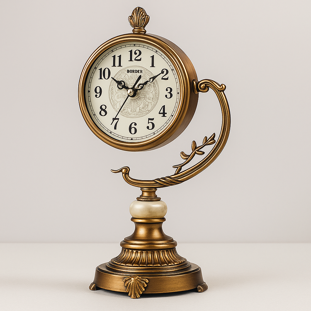 Decorative clock with gold and white design on a plain background