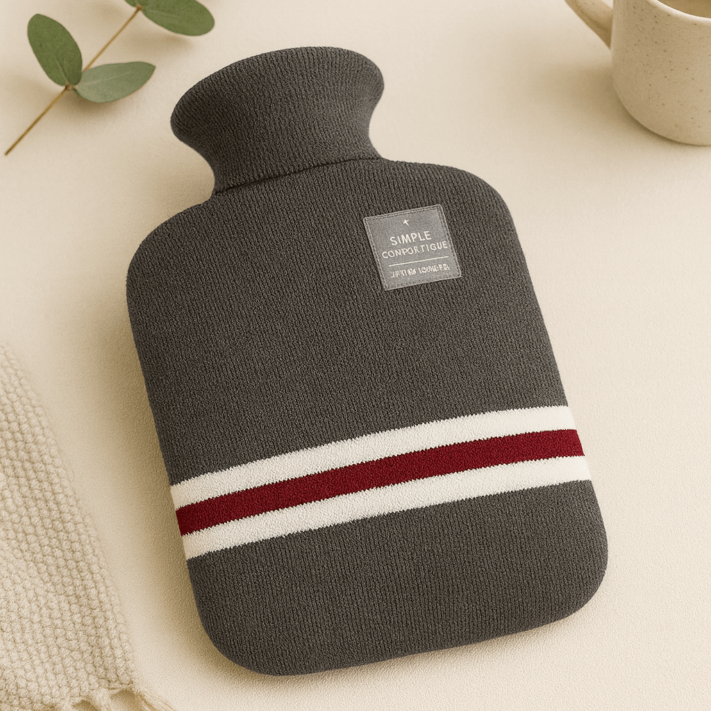 Gray hot water bottle with red and white stripe on a beige surface with a mug and plant.