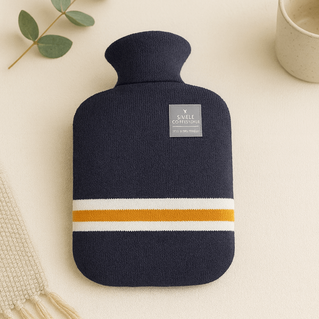 Navy hot water bottle with striped design on a light background