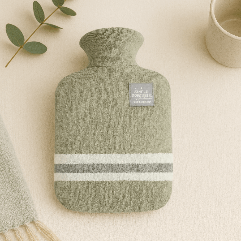 Green hot water bottle with a label on a beige background