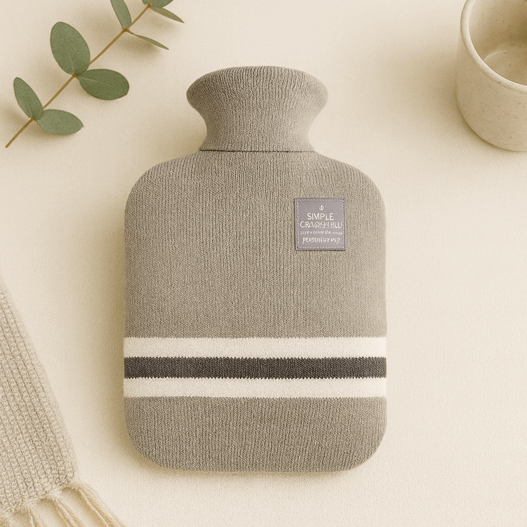 Gray knit hot water bottle with a white stripe on a beige background