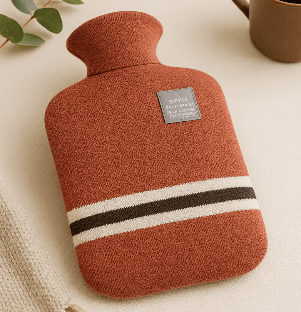Brown hot water bottle with striped design on a light surface with a mug and plant.