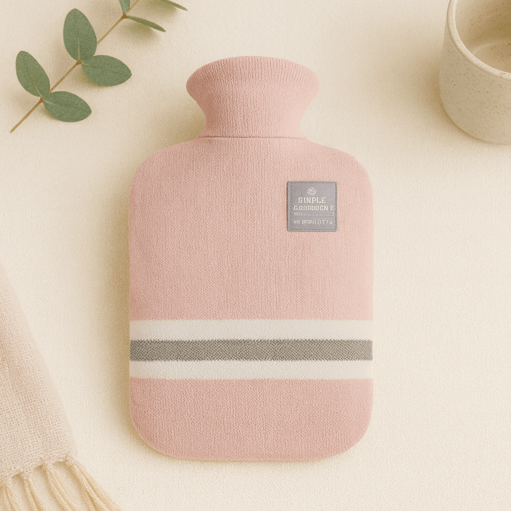 Pink hot water bottle with a gray stripe on a beige background